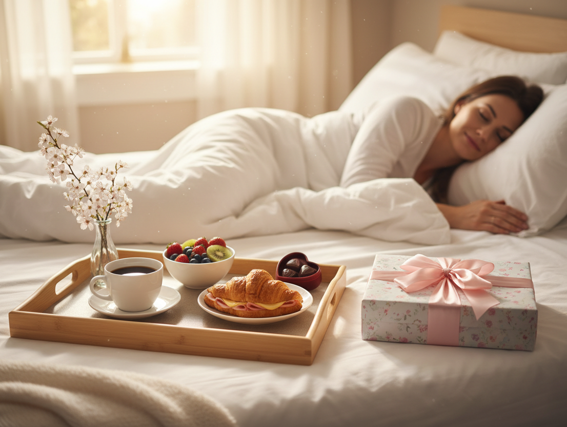 Kuvassa äitienpäivän aamiainen on tarjoiltu sänkyyn ja tarjottimen vieressä on äitienpäivälahja