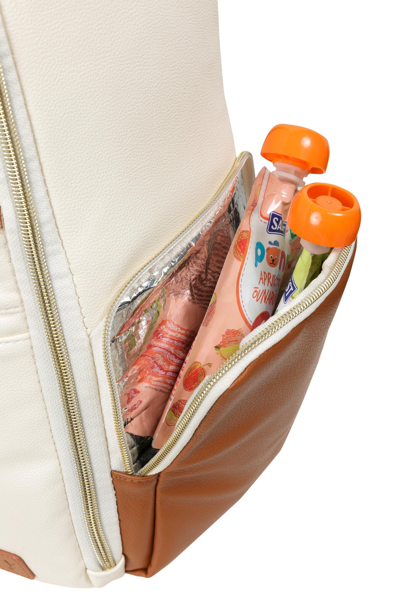 Hoitolaukun sivutasku lämpövuorauksella – ruokapussi näkyvissä taskussa