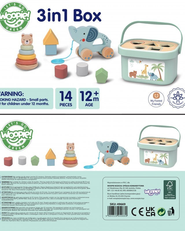 3in1 Toy Box - Sorting Blocks, Stackable Pyramid and Elephant On Wheels