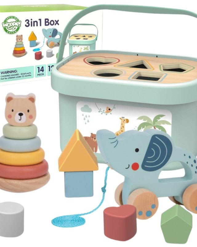 3in1 Toy Box - Sorting Blocks, Stackable Pyramid and Elephant On Wheels