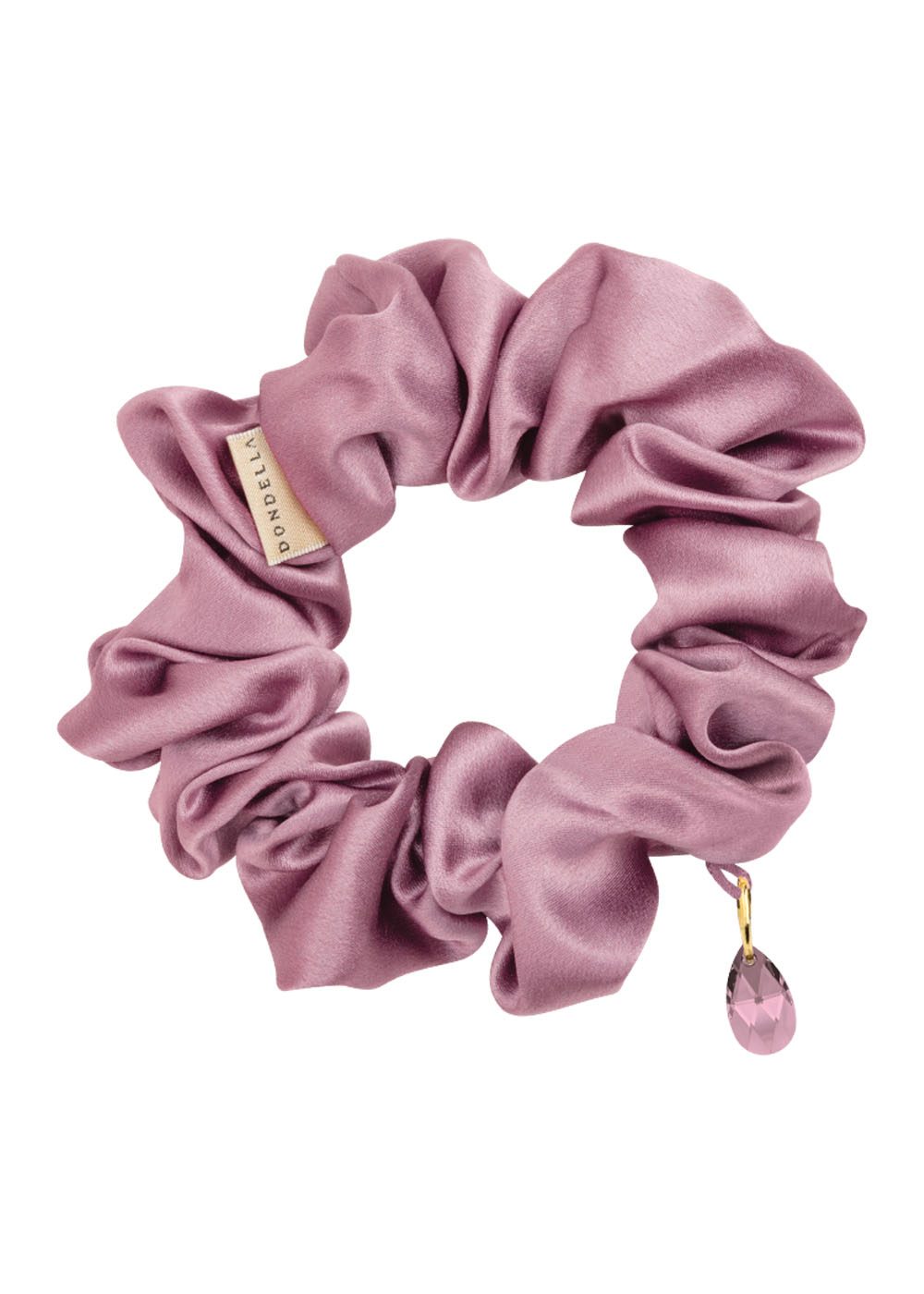Lila silkkinen scrunchie, jossa kristallikoriste