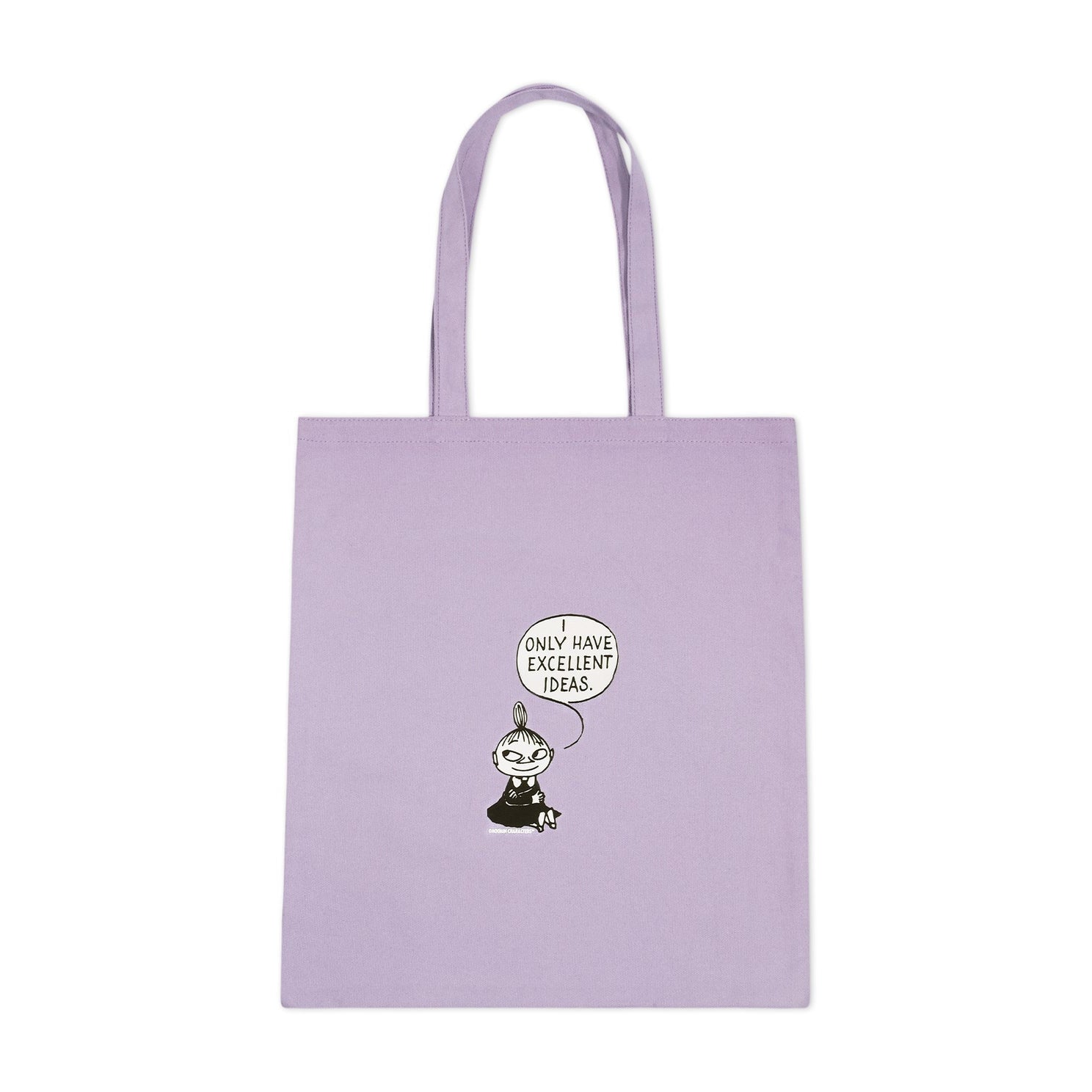 Muumi kangaskassi, lila – Pikku Myy ja teksti "I only have excellent ideas"