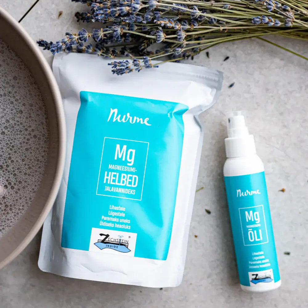 Nurmen magnesium lahjapakkaus, sisältää magnesiumhiutaleita sekä -öljyn.