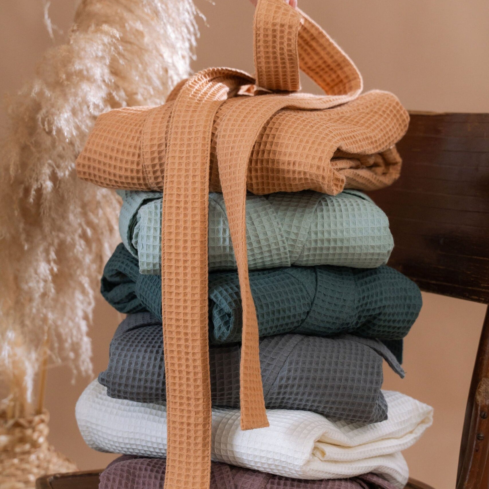 Short Waffle Fabric Robe for Women