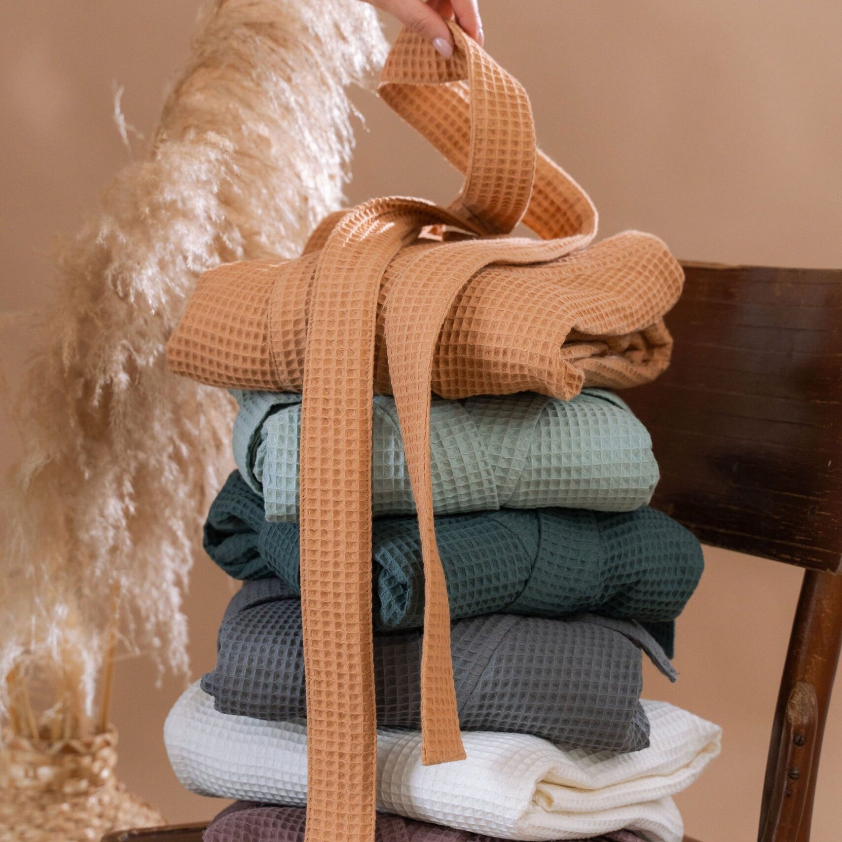 Long Waffle Fabric Robe for Women