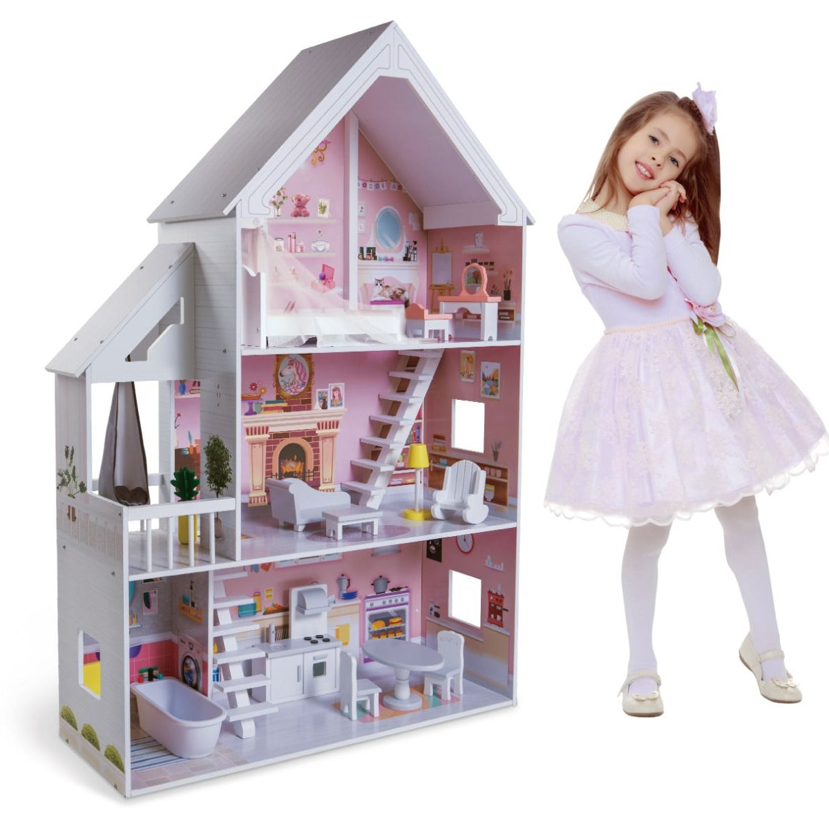 Lapsi seisoo puisen Liselle nukkekodin vieressä. Nukkekodissa on led valot ja se on 3-kerroksinen.