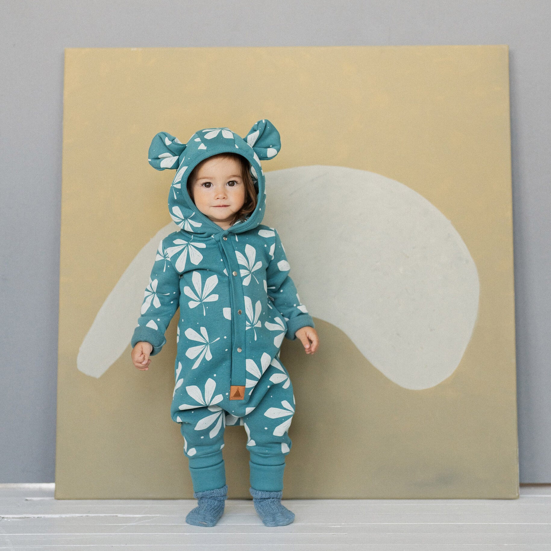 Eared Jumpsuit for Babies and Kids - Chestnut Leaves on Green