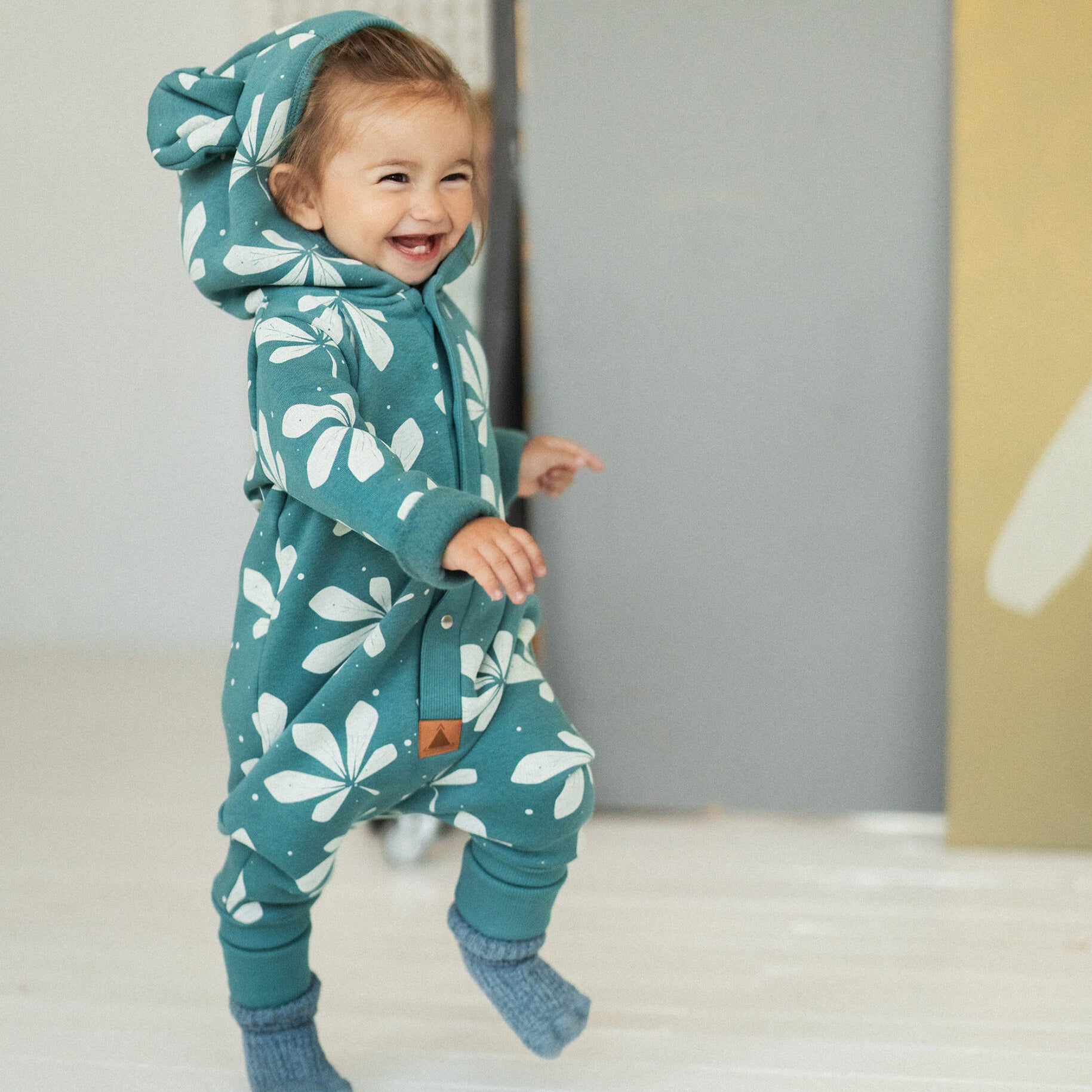 Eared Jumpsuit for Babies and Kids - Chestnut Leaves on Green