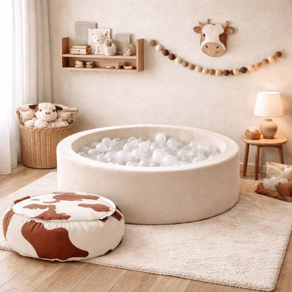 Foam Round Ball Pit 90x30cm - Beige, 200 White Balls