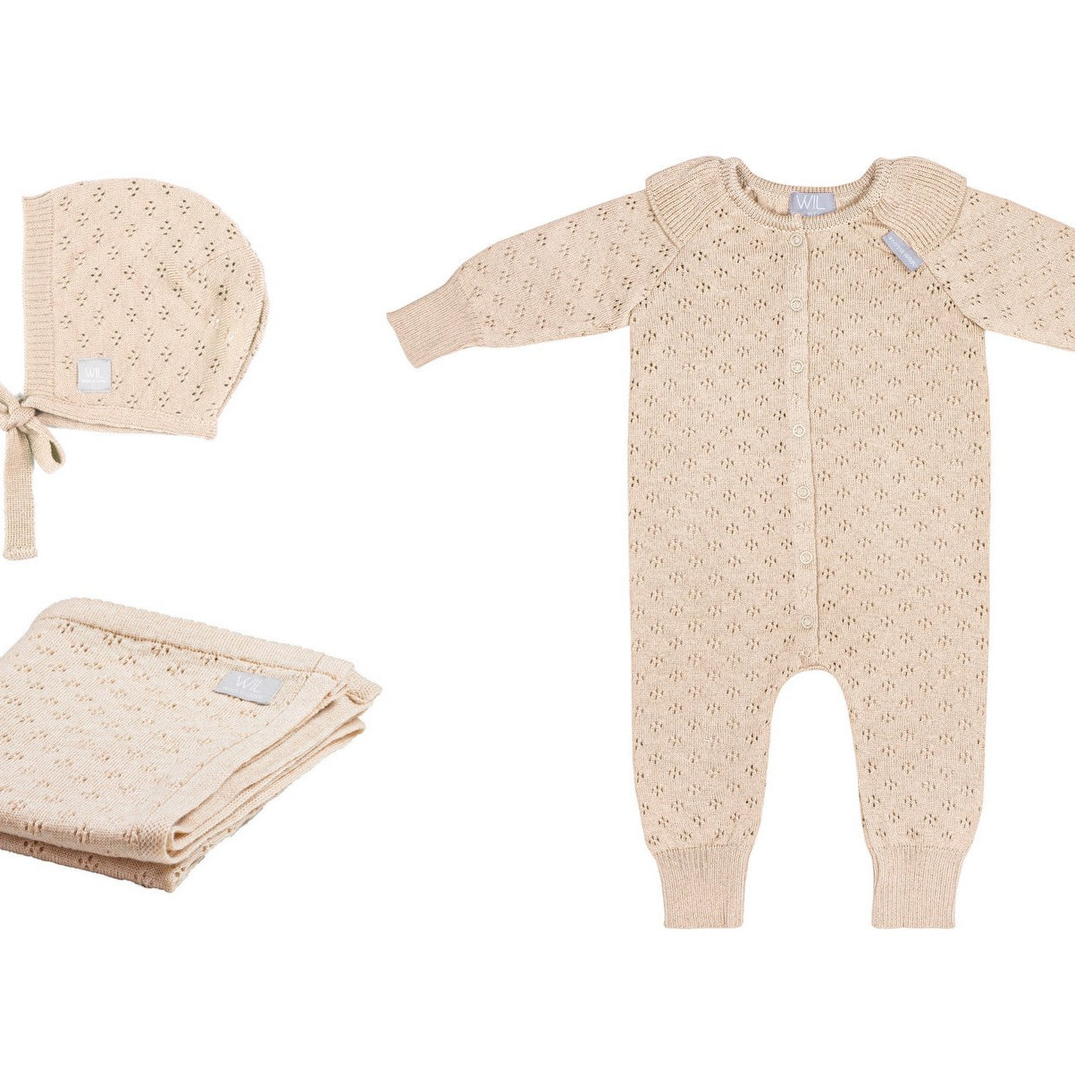 Merinovillainen vauvan lahjasetti vastasyntyneelle. Peitto, haalari ja myssy. Beigen sävyssä.