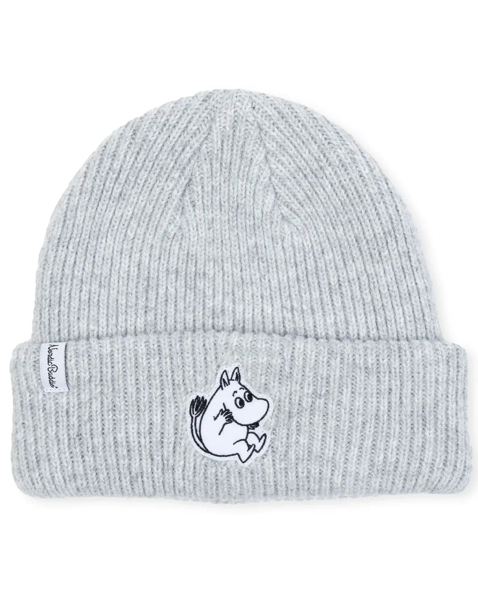 Harmaa lämmin pipo lapsille. Pipossa muumipeiko kuva.