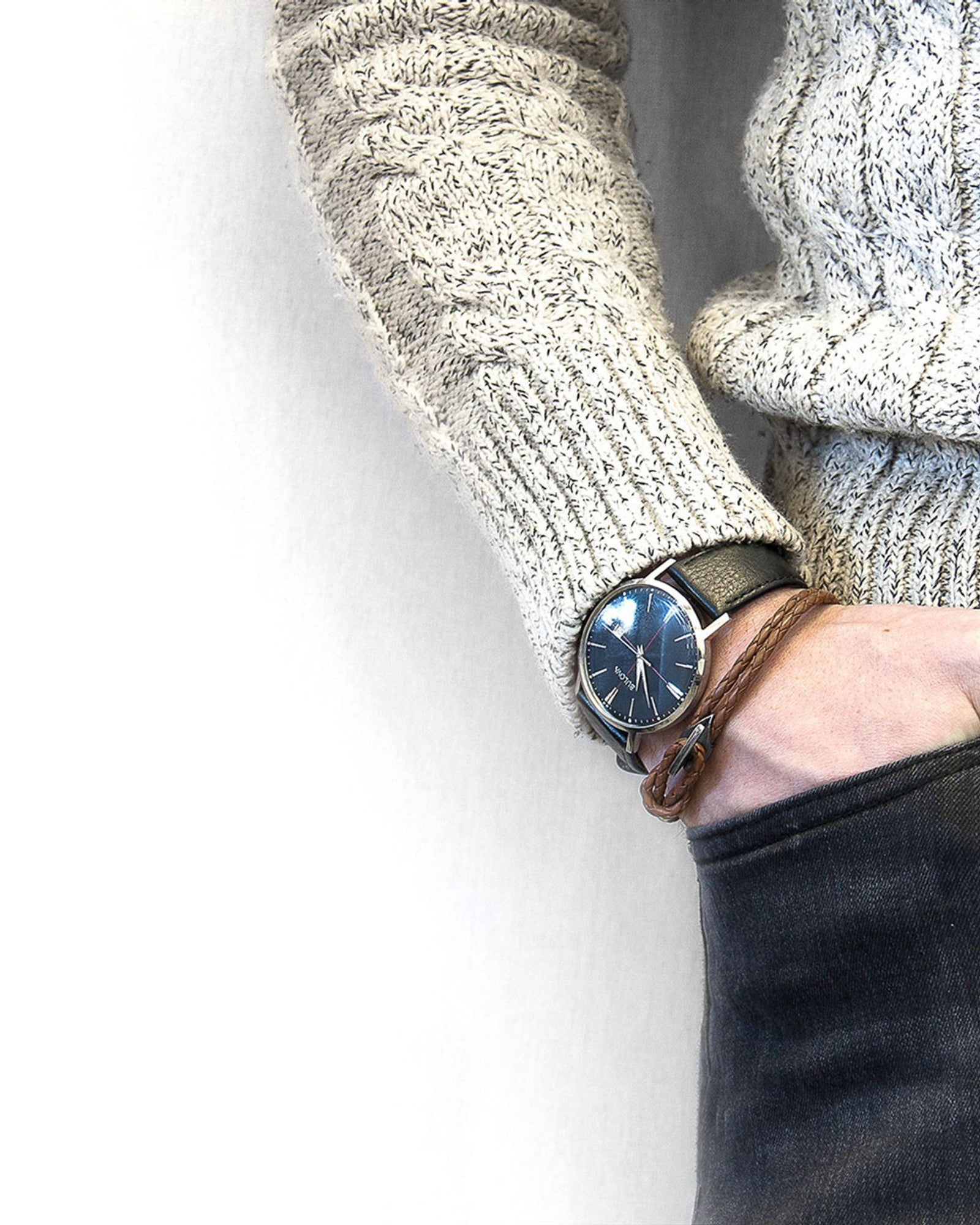 Padstow Silver and Braided Leather Bracelet - Light Brown