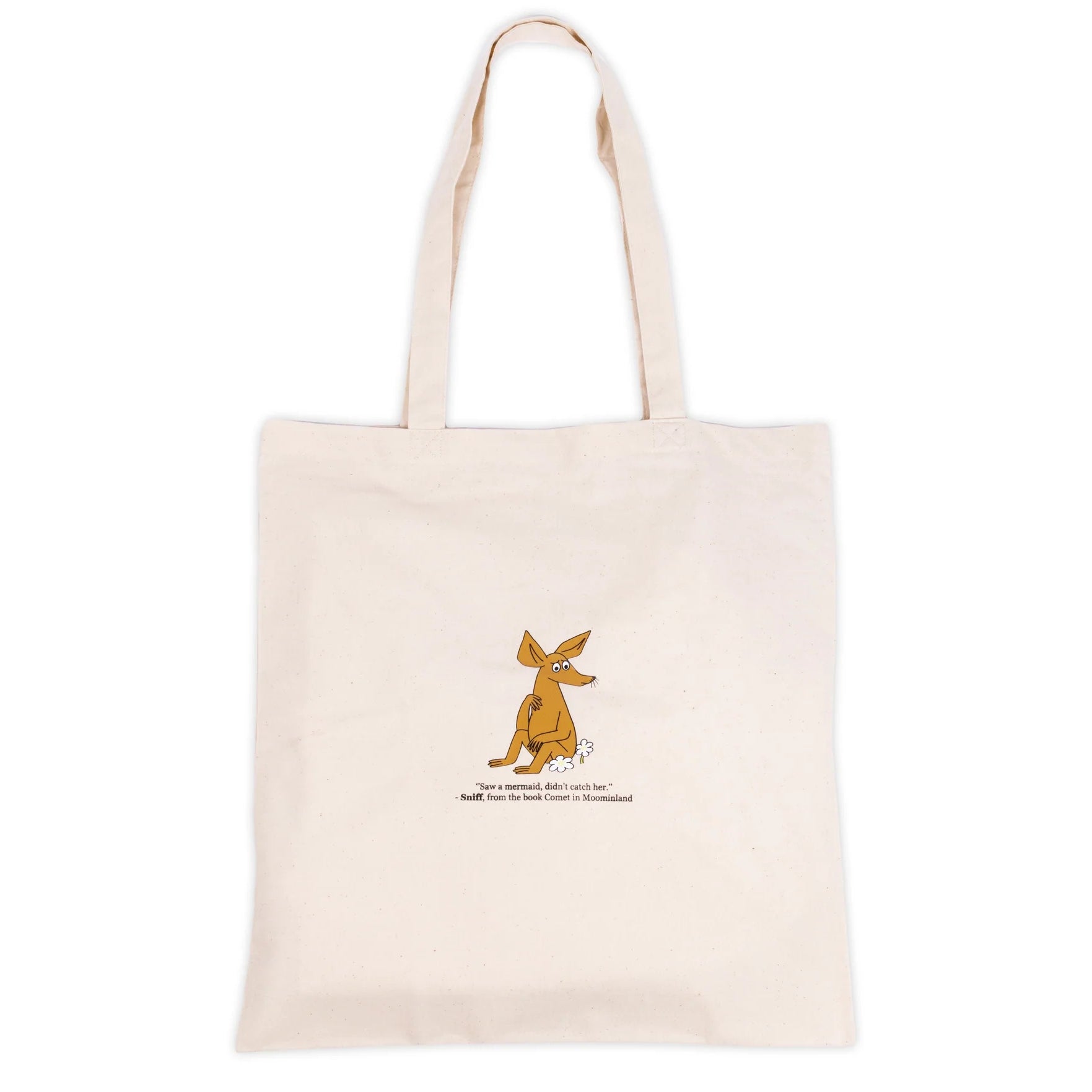 Muumi kangaskassi, beige – Nipsu-hahmo ja sitaatti keskellä kassia