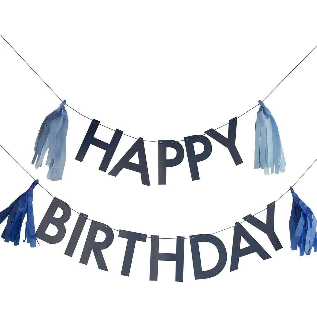 Happy Birthday -koristenauha tasseleilla / tummansininen - Decora House