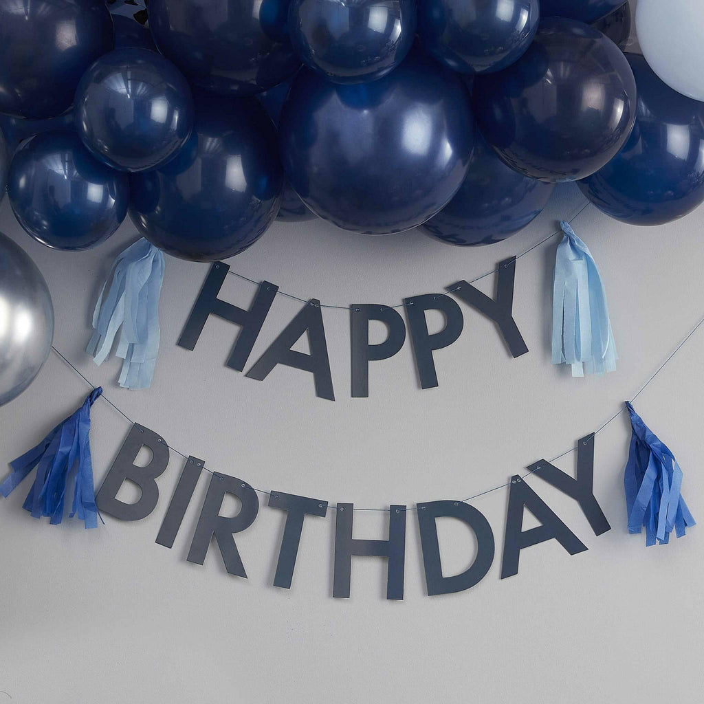 Happy Birthday -koristenauha tasseleilla / tummansininen - Decora House