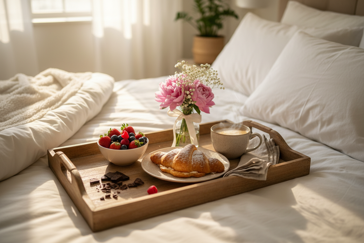 äitienpäivän aamupala tarjottimella