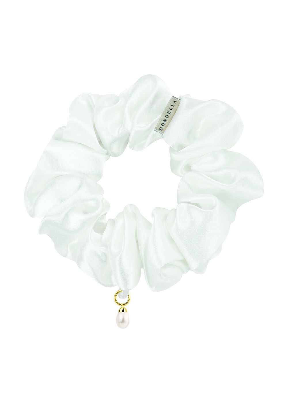Valkoinen silkkinen scrunchie helmikoristeella – Dondella