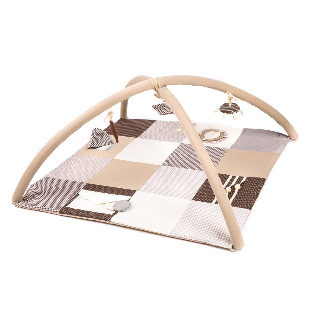 Vauvan ruskea luomupuuvillainen leikkimatto 100x100cm. Leikkimatossa irroitettavat leikkikaaret.