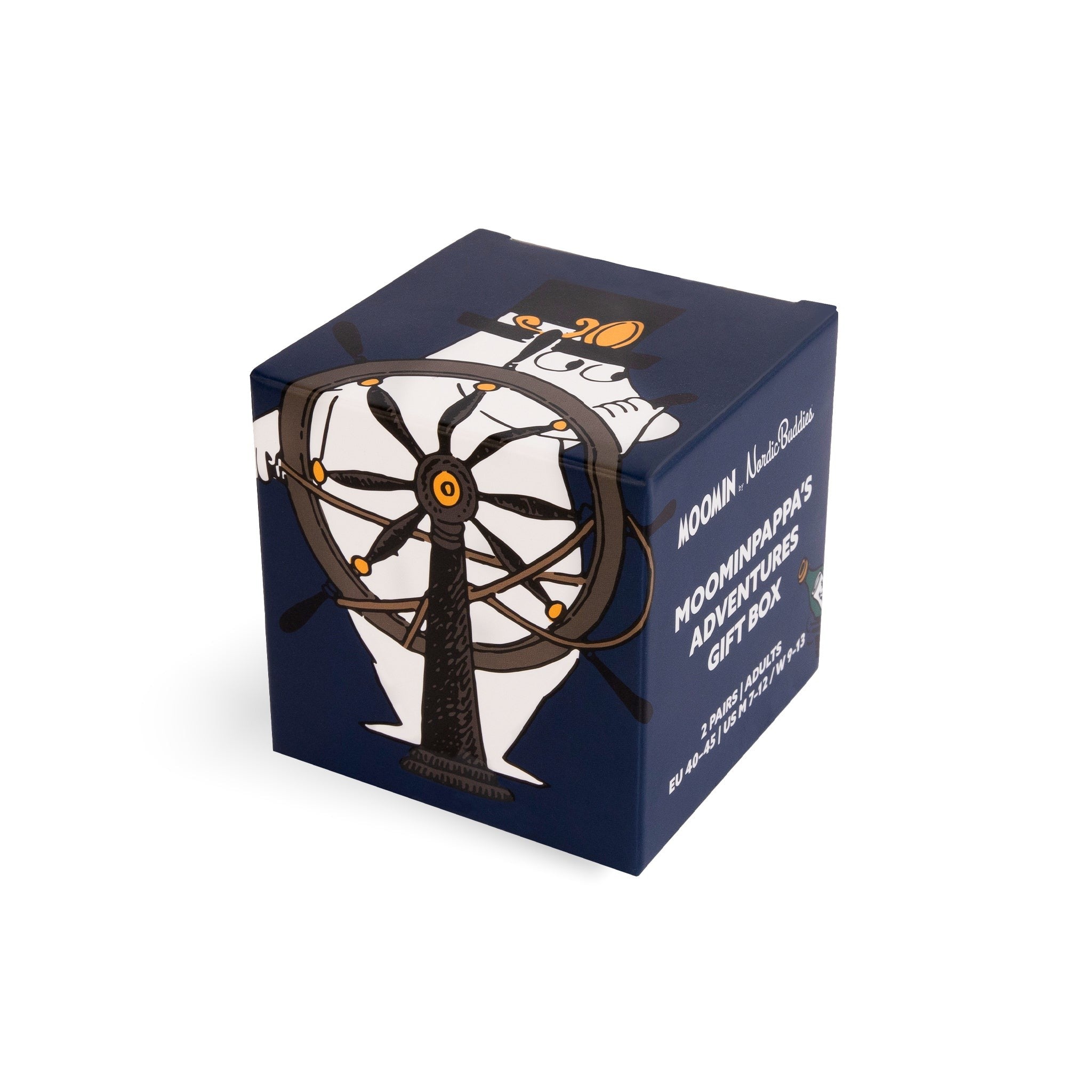 Muumipapan seikkailut sukkaboksi miehille- lahjapakkaus joka sisältää kaksi sukkaparia