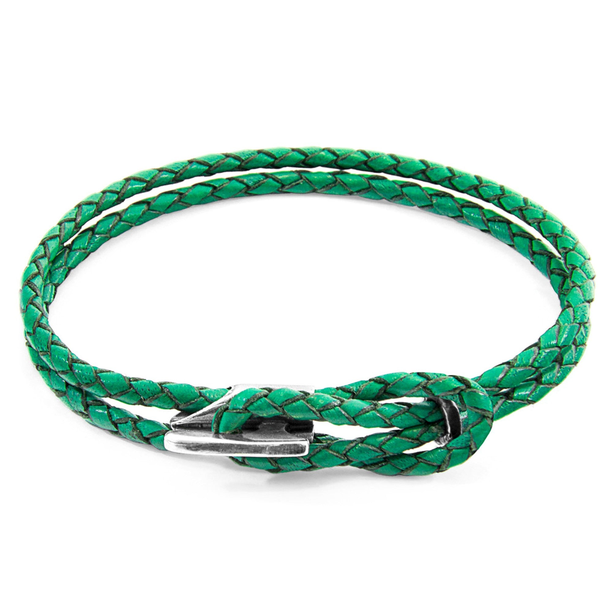 Padstow Silver and Braided Leather Bracelet - Fern Green