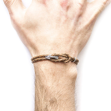 Padstow Silver and Braided Leather Bracelet - Light Brown