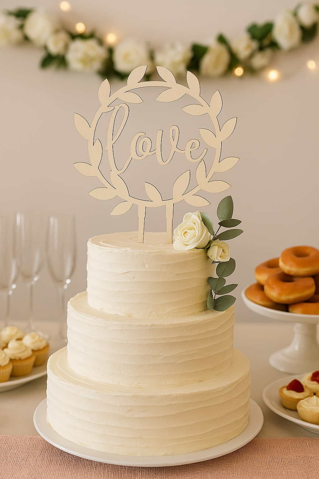 Romanttinen kakkukoriste häihin boheemissa juhlapöydässä