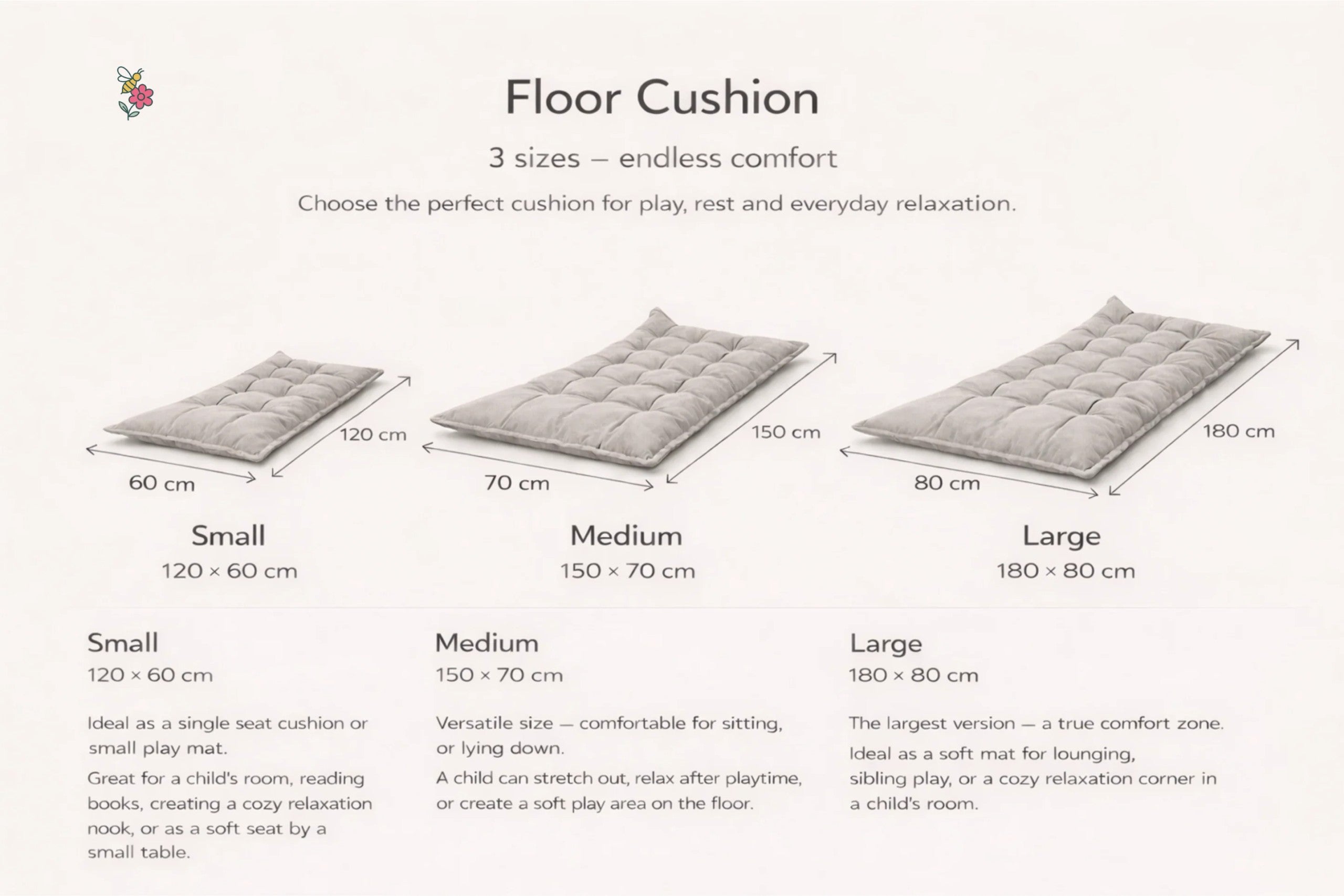Quilted Kids' Floor Cushion, Beige, 3 Sizes Available